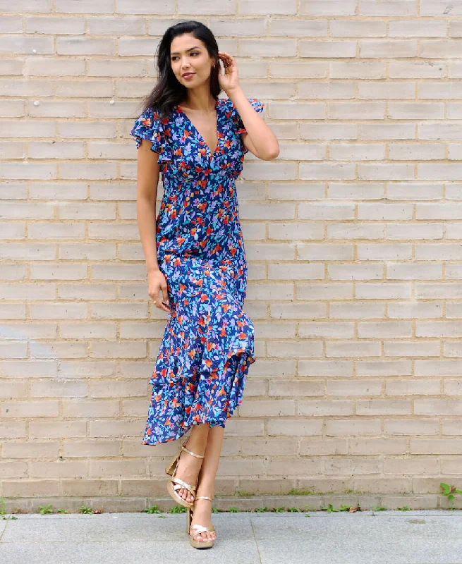 Little Black Women Dress with Sequins for a Glamorous Night OutBlue Floral Ruffle Midi Dress