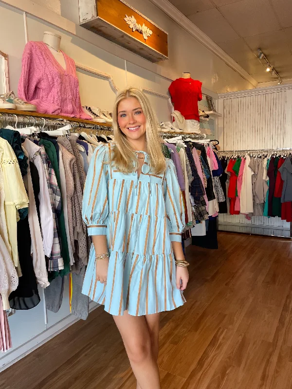 Mini Women Dress with a Short Hem for a Young and Trendy StyleBlue & Gold Striped Mini Dress