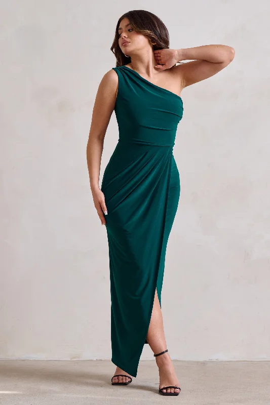Ball Gown Women Dress with a Full Skirt for a Princess - like LookAthena | Bottle Green One Shoulder Maxi Dress