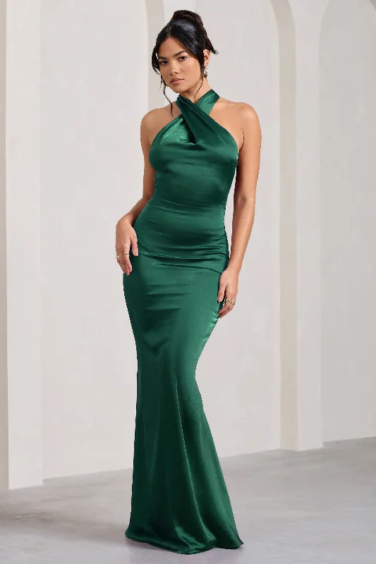 Shift Women Dress with a Simple and Classic Design for Everyday WearUnstoppable | Bottle Green Satin Cross Over Halterneck Maxi Dress
