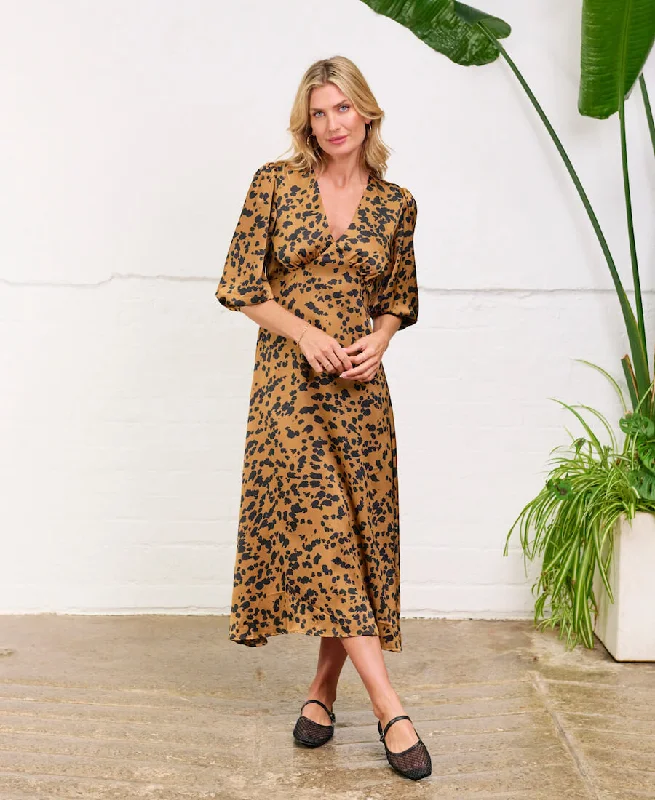 Printed Abstract Women Dress for a Modern and Artistic AppealBrown Leopard Satin Midi Dress