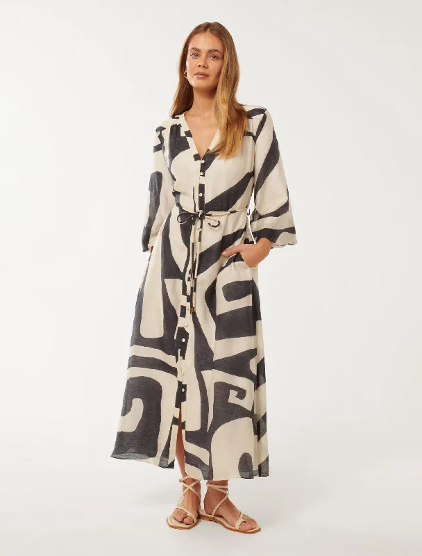 Printed Abstract Women Dress for a Modern and Artistic AppealBrynn Waist Tie Midi Dress