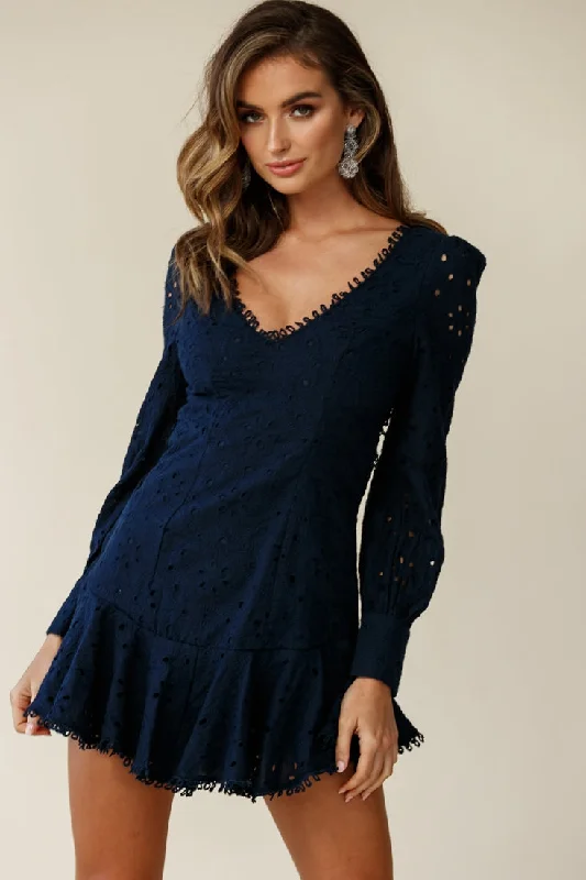 Off - the - Shoulder Women Dress for a Romantic and Feminine LookCamellia Open Back Cuff Sleeve Dress Anglaise Navy