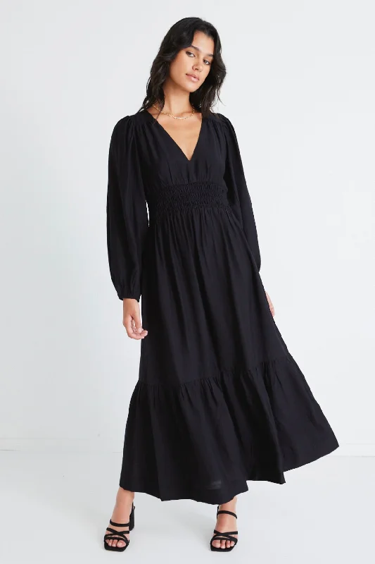 Ruffled Women Dress with Multiple Layers for a Playful and Girly StyleSpark Black LS Deep V Midi Dress