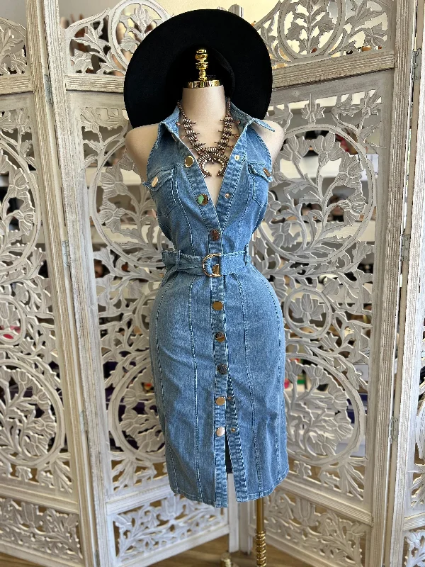 Lace - Embellished Women Dress for an Elegant and Sophisticated AppearanceCollard Denim Button Up Dress - Estira Poco, Slightly Stretchy