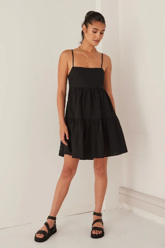 Off - the - Shoulder Women Dress for a Romantic and Feminine LookCosmos Black Linen Cotton Strappy Tie Back Tiered Mini Dress