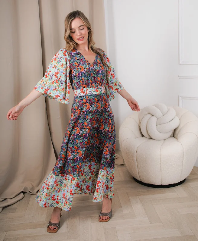 Sheath Women Dress with a Tailored Fit for a Professional LookContrast Floral Angel Sleeve Midi Dress