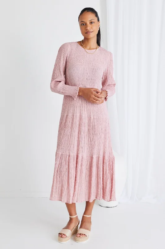 Sleeveless Women Dress in Bright Colors for Summer PartiesEffortless Blush LS Shirred Tiered Maxi Dress