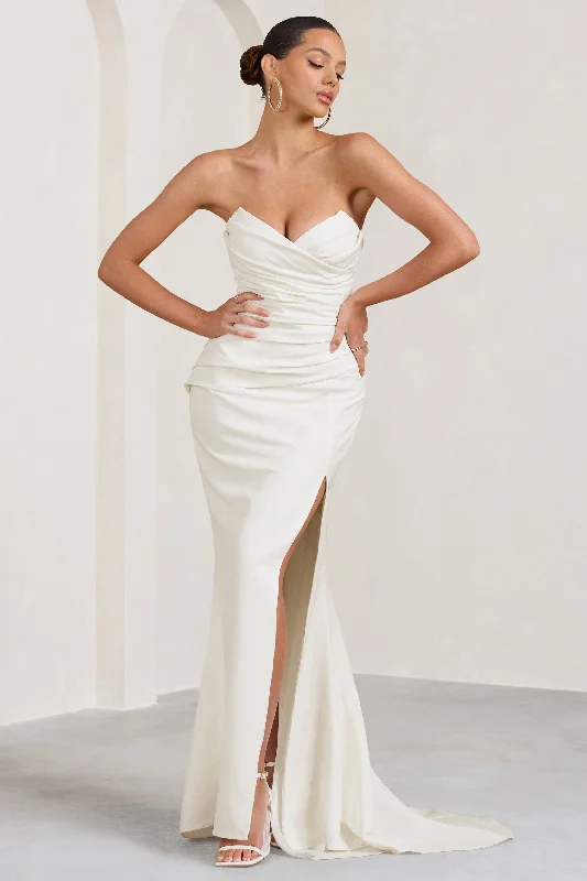 Strapless Women Dress with a Built - in Bra for Comfort and SupportElene | White Pleated Split Fishtail Maxi Dress