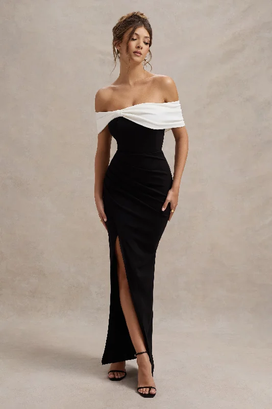 Mini Women Dress with a Short Hem for a Young and Trendy StyleEva | Black & White Bardot Bow Detail Maxi Dress With Thigh Split