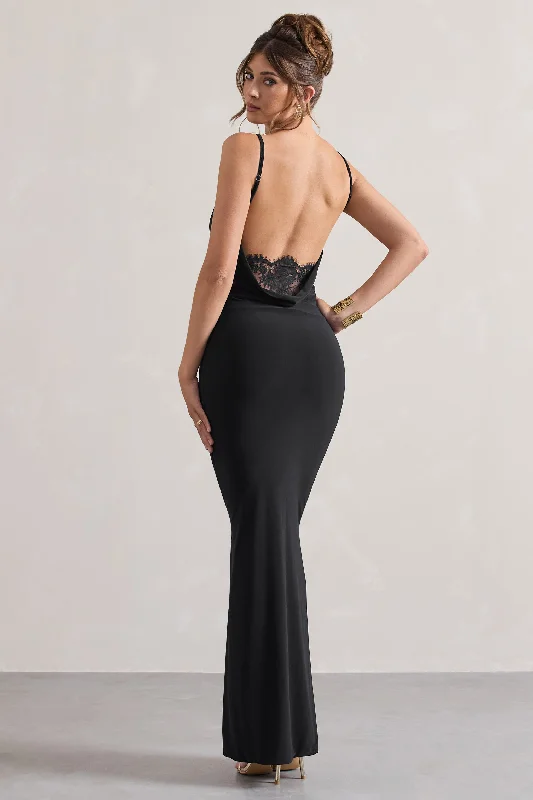 Sleeveless Women Dress in Bright Colors for Summer PartiesFrancoise | Black Cowl Neck Backless Maxi Dress With Lace Insert