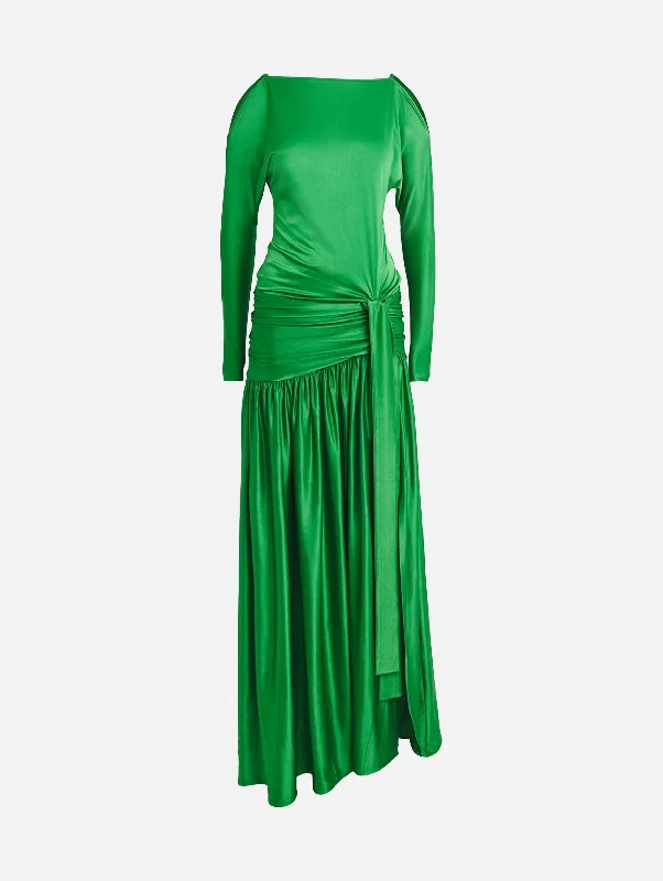 Pleated Women Dress with a Timeless and Elegant TextureGathered Satin Gown in Emerald