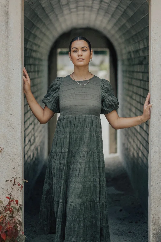 Ruffled Women Dress with Multiple Layers for a Playful and Girly StyleGraceful Khaki Shirred Cotton Bubble Sleeve Tiered Maxi Dress