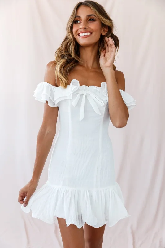 Mini Women Dress with a Short Hem for a Young and Trendy StyleHeaven Bardot Neckline Ruffle Trim Dress White