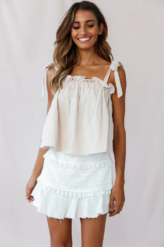 Ruffled Women Dress with Multiple Layers for a Playful and Girly StyleJourney Tied Shoulder Elasticated Neckline Top Beige