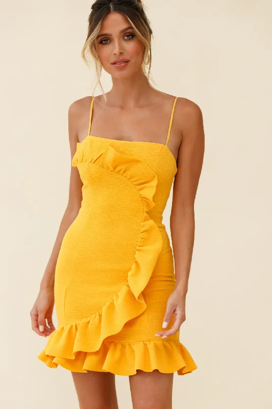 Little Black Women Dress with Sequins for a Glamorous Night OutJuanita Half Moon Ruffle Detail Bodycon Dress Yellow