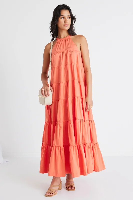 Mini Women Dress with a Short Hem for a Young and Trendy StyleKaye Watermelon Sleeveless High Neck Tiered Maxi Dress