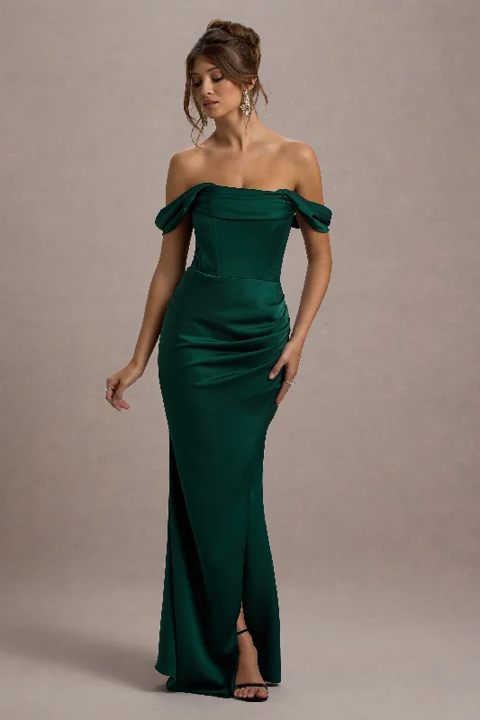 Halter Neck Women Dress to Show Off the Shoulders and NecklineKimberly | Bottle Green Bardot Fishtail Satin Maxi Dress
