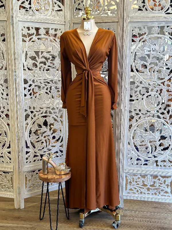 Wrap - Style Women Dress with Adjustable Fit for All Body TypesKnotted Bronze Maxi Dress- Stretchy, Estira