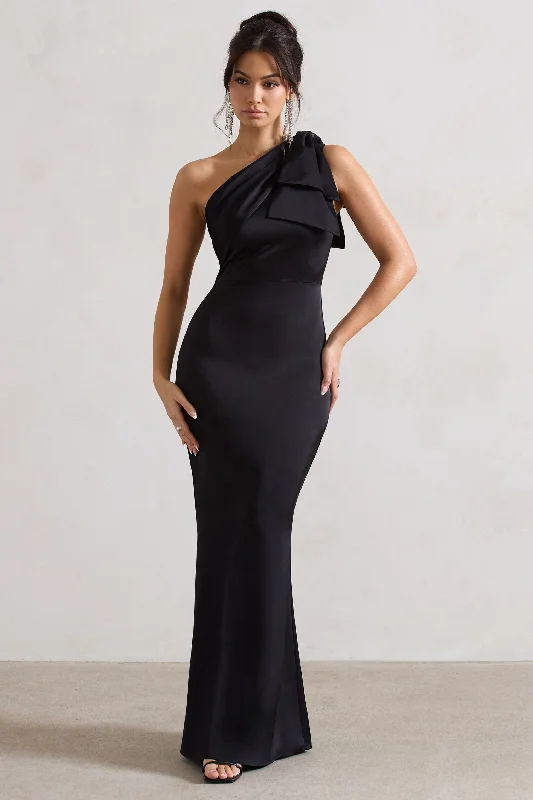 Mermaid - Style Women Dress with a Fitted Silhouette for Special OccasionsLady | Black Satin One Shoulder Maxi Dress With Bow