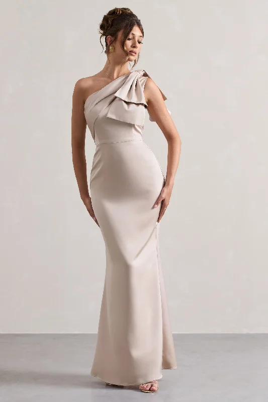 Strapless Women Dress with a Built - in Bra for Comfort and SupportLady | Champagne Satin One Shoulder Maxi Dress With Bow