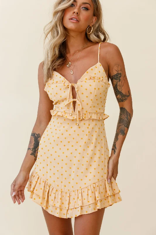 Mini Women Dress with a Short Hem for a Young and Trendy StyleLady Marmalade String Tie Bust Frill Dress Spotty Yellow