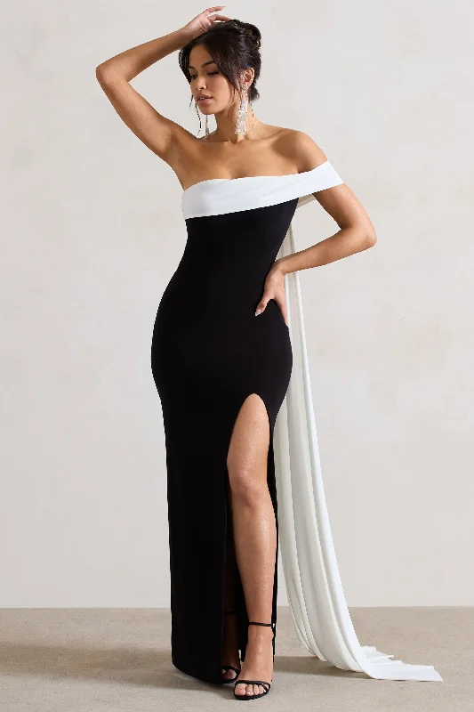 Mini Women Dress with a Short Hem for a Young and Trendy StyleLegacy | Black & White Bardot Split Maxi Dress With Drape