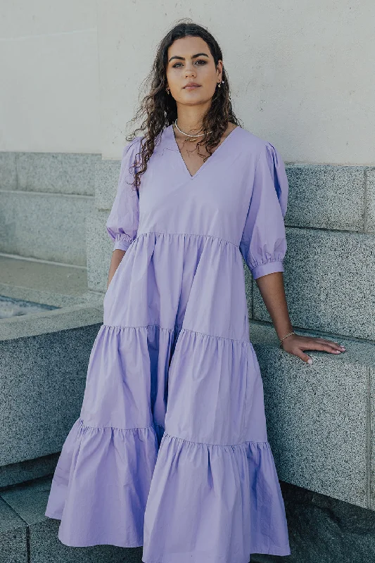 Mini Women Dress with a Short Hem for a Young and Trendy StyleClarity Lilac Puff Sleeve Tiered Maxi Dress