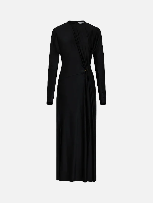 Ball Gown Women Dress with a Full Skirt for a Princess - like LookLong Sleeve Crewneck Gathered Dress in Black