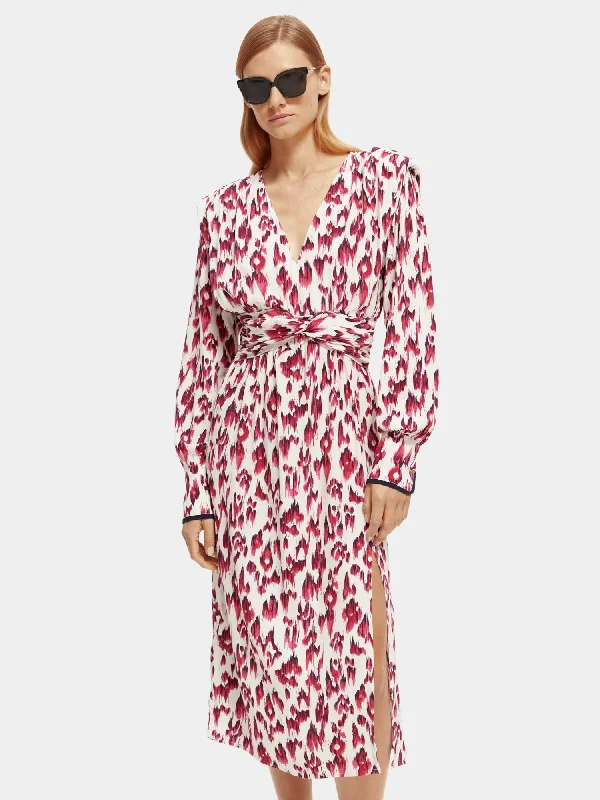 Lace - Embellished Women Dress for an Elegant and Sophisticated AppearanceLong sleeved belted v-neck midi dress