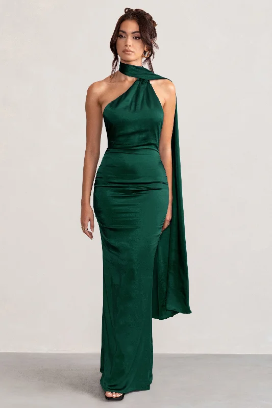 Mermaid - Style Women Dress with a Fitted Silhouette for Special OccasionsMademoiselle | Bottle Green Satin Asymmetric Scarf Neck Backless Maxi Dress