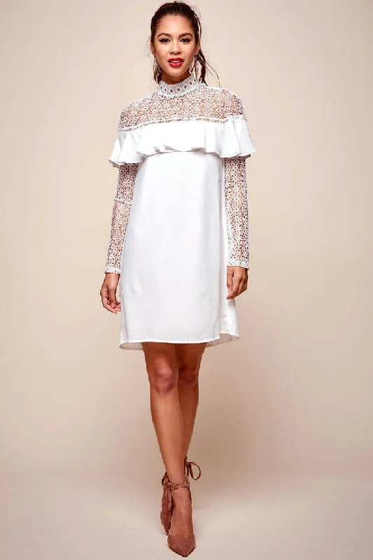 Ruffled Women Dress with Multiple Layers for a Playful and Girly StyleMendes Lace Detailed High Neck Long Sleeved Dress White