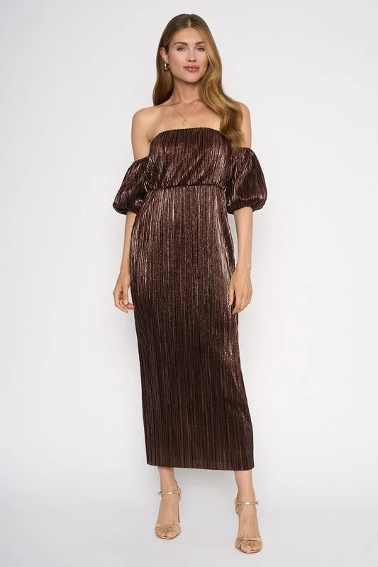 Backless Women Dress for a Sexy and Alluring Look at Evening EventsMetallic Brown Off Shoulder Midi Dress