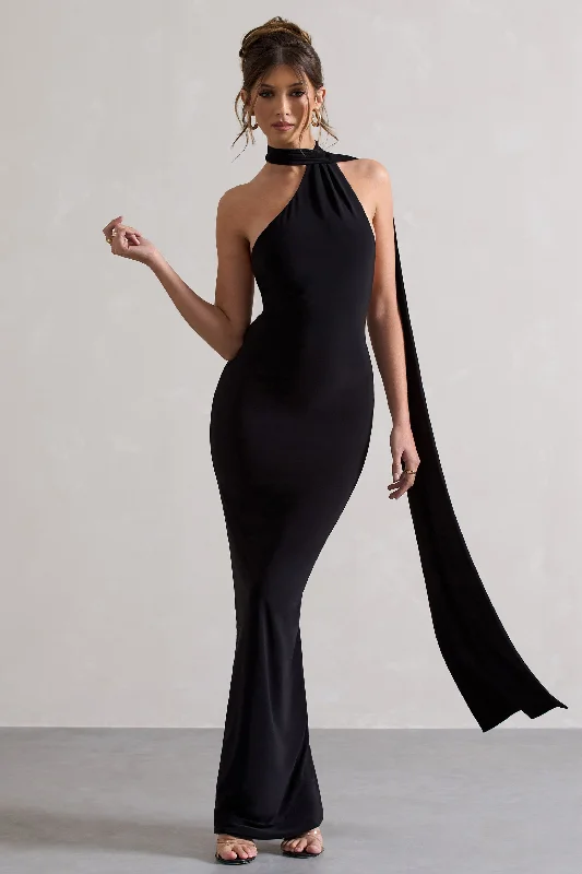 Mermaid - Style Women Dress with a Fitted Silhouette for Special OccasionsMiss | Black One Shoulder Backless Maxi Dress With Scarf