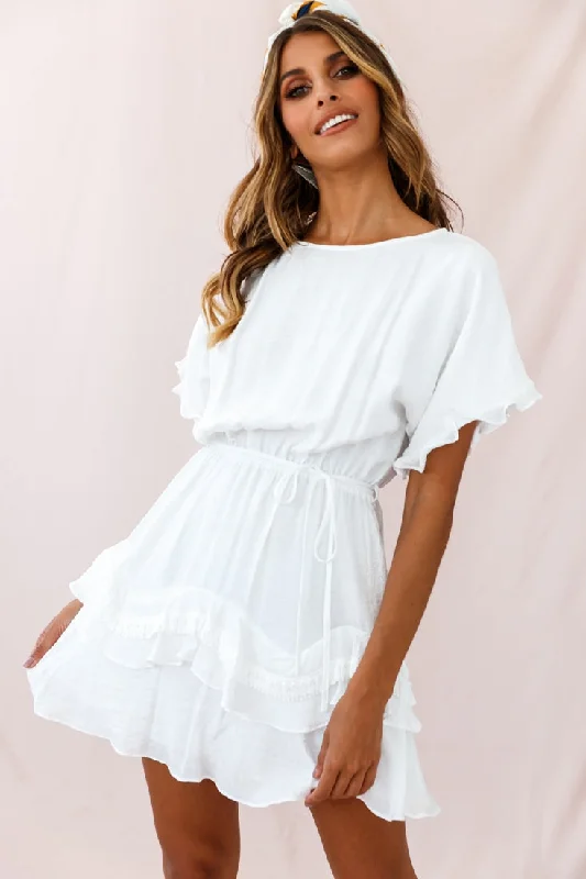 Lace - Embellished Women Dress for an Elegant and Sophisticated AppearanceMollina Frill Sleeve Tassel Hem Dress White