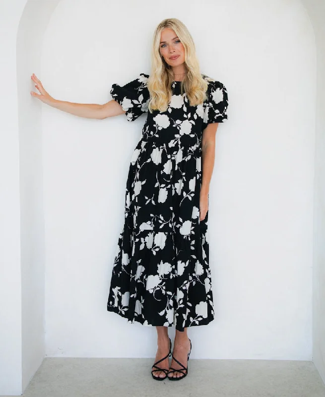 Sleeveless Women Dress in Bright Colors for Summer PartiesMono Floral Cotton Puff Sleeve Midi Dress