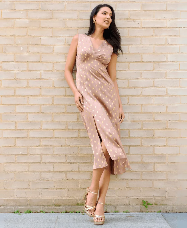 Lace - Embellished Women Dress for an Elegant and Sophisticated AppearanceLight Brown Foil Satin Midi Dress