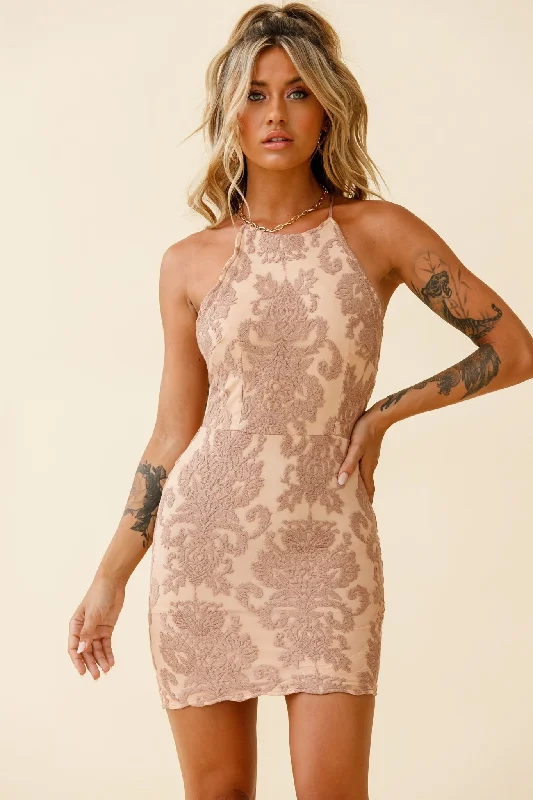 Mermaid - Style Women Dress with a Fitted Silhouette for Special OccasionsPeyton Halterneck Floral Embroidered Mesh Dress Mocha