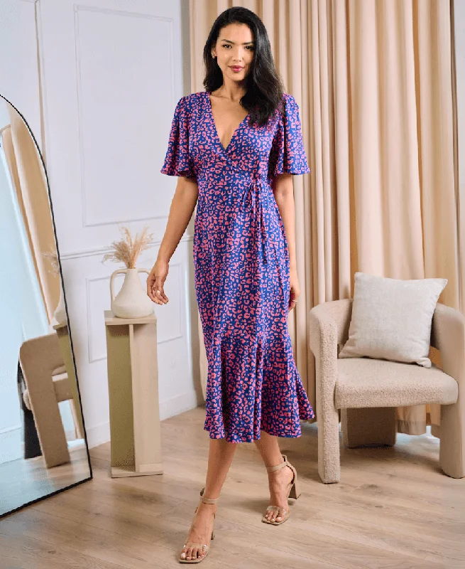 Sleeveless Women Dress in Bright Colors for Summer PartiesPink Animal Wrap Midi Dress