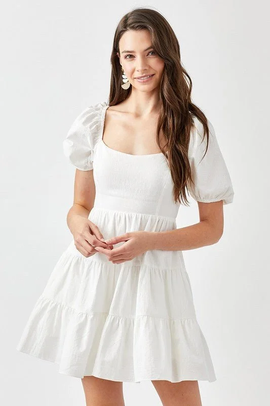 Printed Abstract Women Dress for a Modern and Artistic AppealWhite Puff Sleeve Back Tie Dress