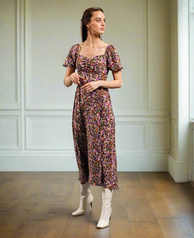 Off - the - Shoulder Women Dress for a Romantic and Feminine LookPurple Floral Sweetheart Neck Midi Dress
