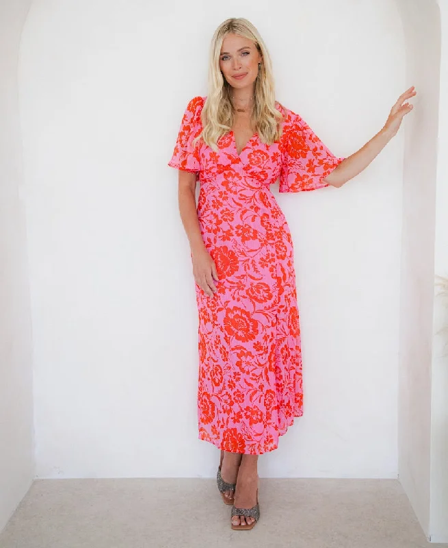 Maxi Women Dress with Floral Print for a Bohemian VibePink Floral Chiffon Flutter Sleeve Midi