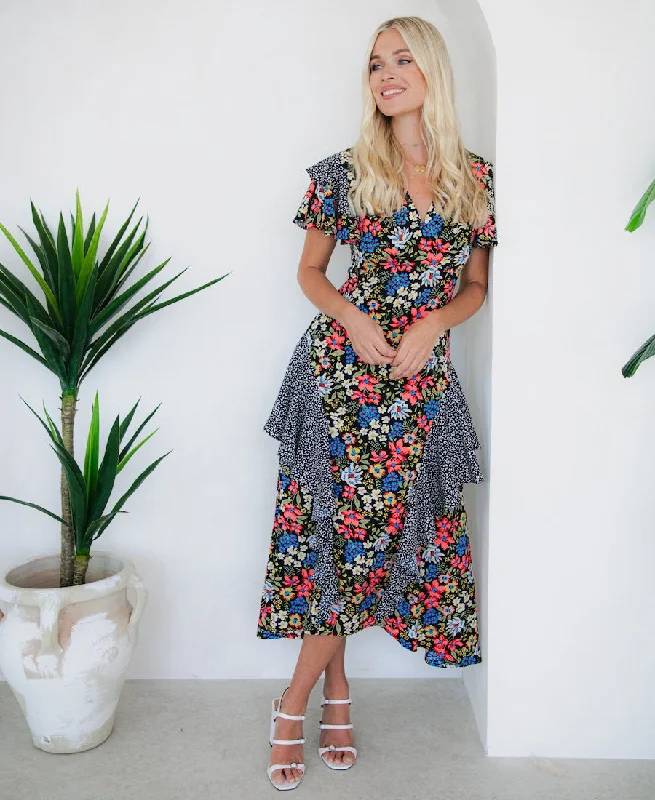 Halter Neck Women Dress to Show Off the Shoulders and NecklineMulticoloured Ruffle Mix and Match Midi Dress