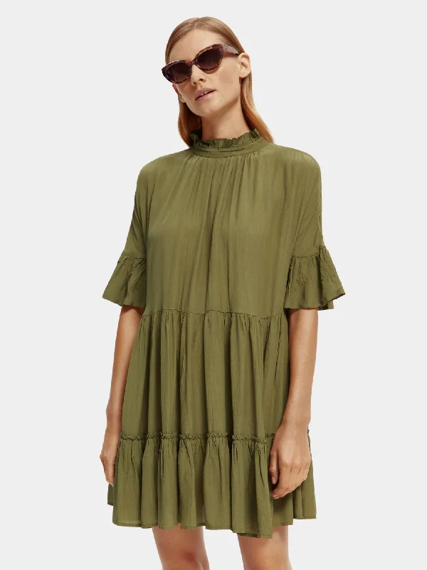 Strapless Women Dress with a Built - in Bra for Comfort and SupportRuffle-sleeved tiered mini dress