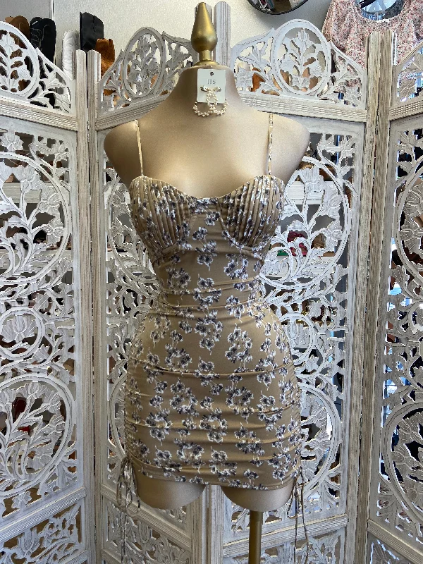 Printed Abstract Women Dress for a Modern and Artistic AppealSatin Beige Floral Dress