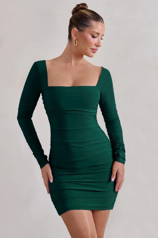 Lace - Embellished Women Dress for an Elegant and Sophisticated AppearanceMuse | Green Long Sleeve Square Neck Ruched Mini Dress