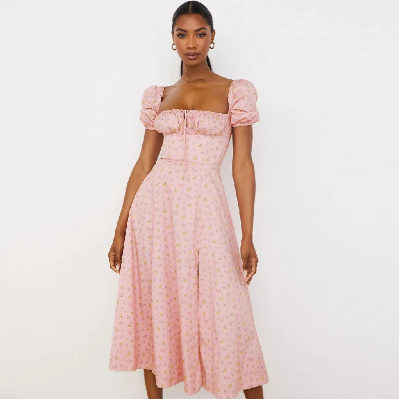 Little Black Women Dress with Sequins for a Glamorous Night OutBerryBetty - Daisy Printed Puff Sleeve High Slit Smock Maxi Sundress - Pink