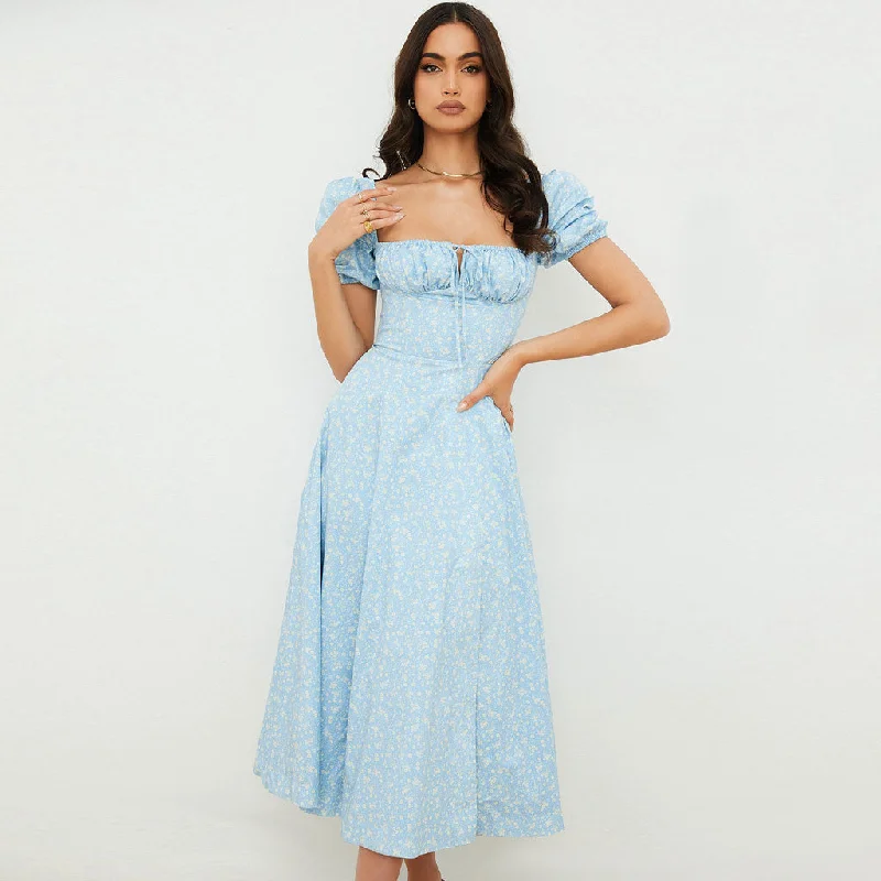 Mermaid - Style Women Dress with a Fitted Silhouette for Special OccasionsBerryBetty - Daisy Printed Puff Sleeve High Slit Smock Maxi Sundress - Sky Blue