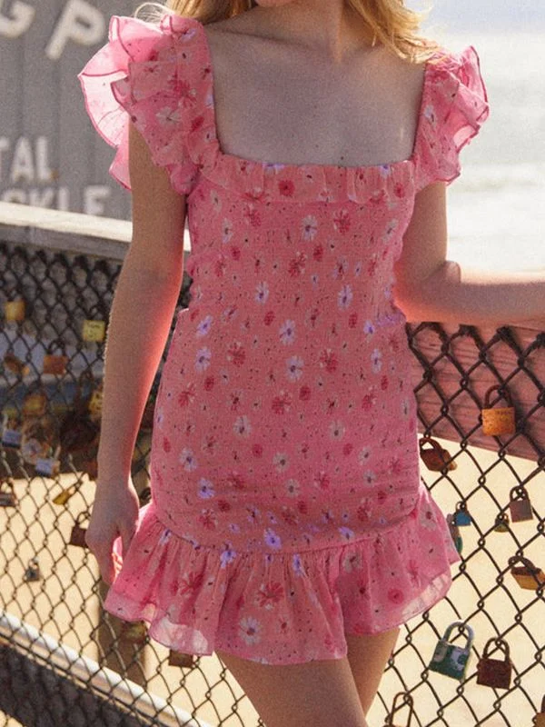 Sleeveless Women Dress in Bright Colors for Summer PartiesBerryBetty - Shirred Ruffle Floral Mini Dress