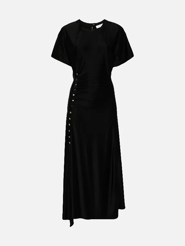 Halter Neck Women Dress to Show Off the Shoulders and NecklineStretch Asymmetric Satin Dress in Black